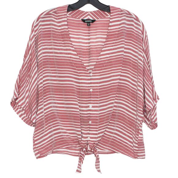 Express Top Boho Summer Feminine Minimalist Stripe Button Up Red White Medium - Picture 1 of 5